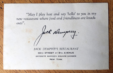Jack Dempsey's Broadway Restaurant card with signature